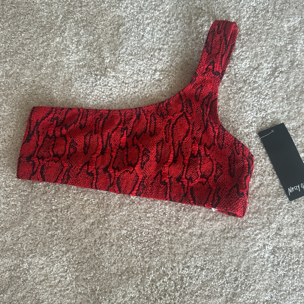 Nasty Gal snake skin one shoulder bikini top.